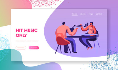 Radio Studio Presenter with Microphone Landing Page. Dj jockey and Woman Host Play Music. Entertainment Broadcast for People Communication Website or Web Page. Flat Cartoon Vector Illustration