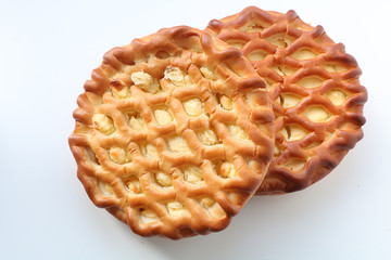 Pie on a white background, a great start to the working day, delicious dessert for a good mood.