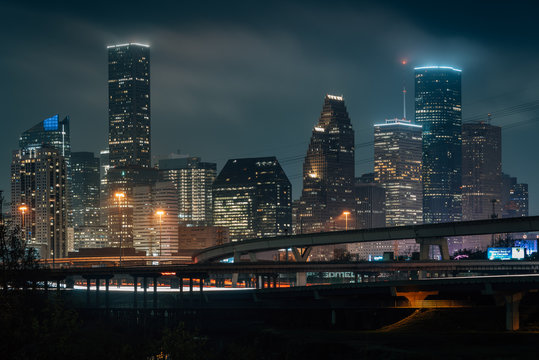 Cityscape photo of the Houston skyline at night, in Houston, Texas