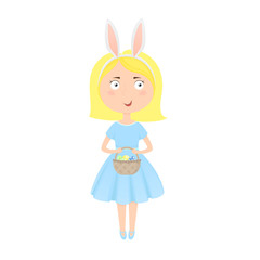 Cute girl holding basket with easter eggs. Vector flat illustration isolated on white background