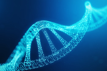 Artifical intelegence DNA molecule. DNA is converted into a digital code. Digital code genome. Abstract technology science, concept artifical Dna. DNA consisting particle, dots, 3D illustration