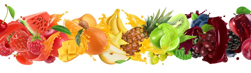 Fotobehang Sweet tropical fruits and mixed berries. Splash of juice. Watermelon, banana, pineapple, strawberry, orange, mango, lime, blueberry, grapes, apple. 3d vector realistic set. High quality 50mb eps © Natis