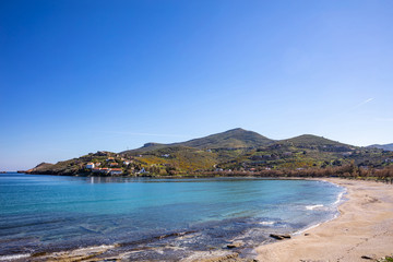 Obraz premium Greece. Kea island. Blue sky, calm sea water, Otzias beach