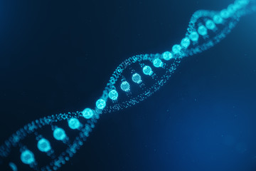 Artifical intelegence DNA molecule. DNA is converted into a digital code. Digital code genome. Abstract technology science, concept artifical Dna. DNA consisting particle, dots, 3D illustration