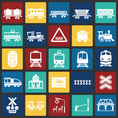 Railroad related icons set on color squares background for graphic and web design. Simple vector sign. Internet concept symbol for website button or mobile app.