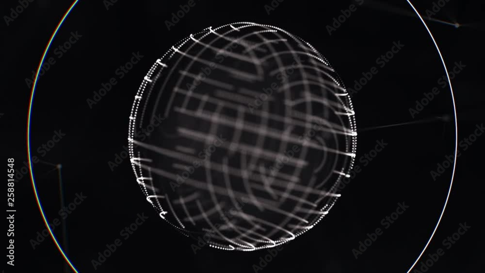 Poster abstract animation of geometric shape with moving neon lines, dots and spirals on black background. 