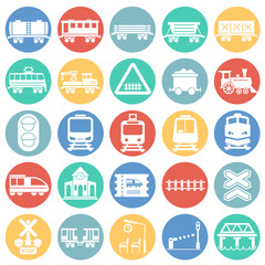 Fototapeta na wymiar Railroad related icons set on color circles white background for graphic and web design. Simple vector sign. Internet concept symbol for website button or mobile app.