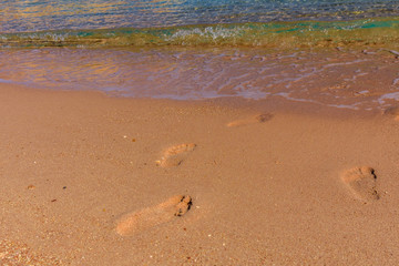 Human footprints on the sandy beach. Summer vacation concept