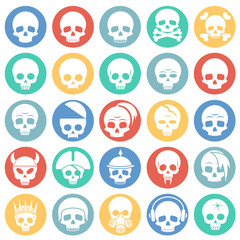 Skull icons set on color circles white background for graphic and web design. Simple vector sign. Internet concept symbol for website button or mobile app.