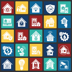 Smart home related icons set on color squares background for graphic and web design. Simple vector sign. Internet concept symbol for website button or mobile app.