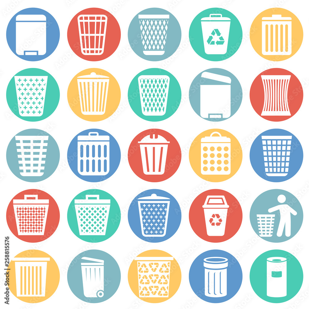 Poster trash bin icons set on color circles white background for graphic and web design. simple vector sign