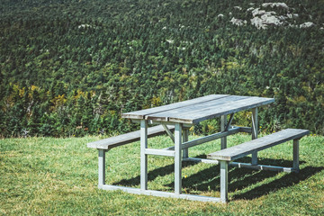 Picnic table on a mountain slope