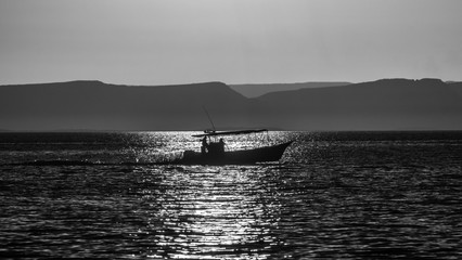 A boat slips between the water and the sun on its way back to port in La Paz Mexico.