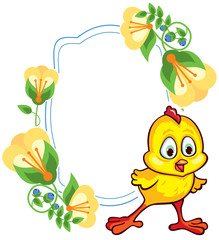 Flower frame with cute little chicken and Easter eggs