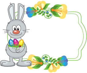 Flower frame with cute little bunny and Easter eggs