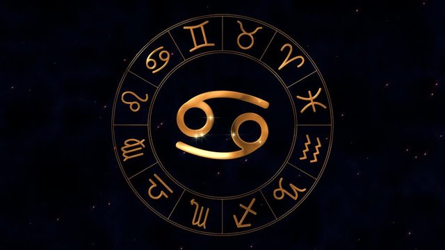 Golden zodiac horoscope spinnig wheel with Canser (Crab) sign in center