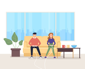 Two people man and woman characters playing video games at home. Vector design graphic flat cartoon isolated illustration