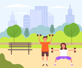 Two people couple man and woman characters doing sport exercising. Healthy lifestyle concept. Vector design graphic flat cartoon isolated illustration