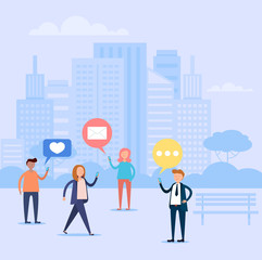 Group of people character communication by smartphone. Online web internet discussion concept. Vector design graphic flat cartoon isolated illustration