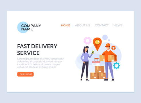 Courier man character bringing parcel box to woman consumer. Delivery commerce concept. Vector design graphic flat cartoon web page loading banner illustration