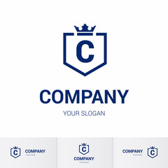 Illustration of Shield Badge-Shape with letter C in the Middle and Luxury Crown. Logo Icon Template for Web and Business Card, Letter Logo Template on White Background