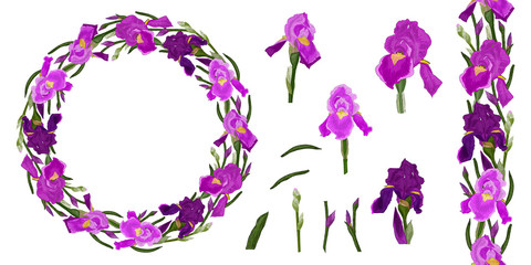 Flower of purple iris. A wreath of flowers. Set of elements for botanical ornament. Seamless brush pattern. For design print, fabric, wallpaper.