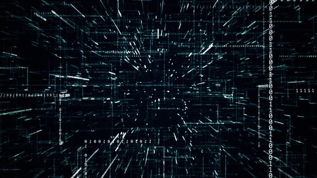 digital binary code background inside a microprocessor fly through abstract 3D rendering of a scientific technology data binary code