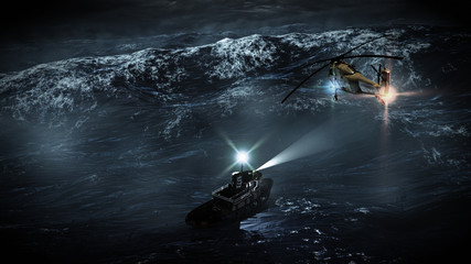 concept art of rescue helicopter over fishing boat in stormy sea 