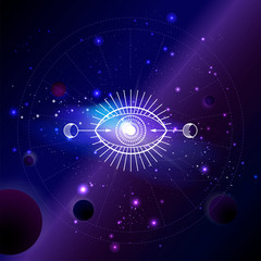 Vector illustration of Sacred or mystic symbol against the space background with planets and stars.