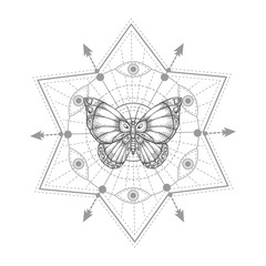 Vector illustration with hand drawn butterfly and Sacred geometric symbol on white background. Abstract mystic sign.