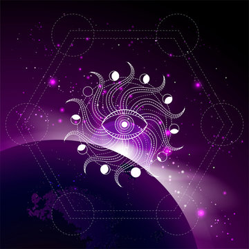 Vector illustration of mystic symbol Sun against the space background with sunrise and stars.