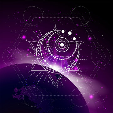 Vector illustration of Sacred or mystic symbol against the space background with sunrise and stars.