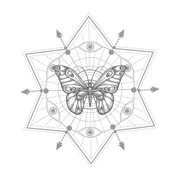 Vector illustration with hand drawn butterfly and Sacred geometric symbol on white background. Abstract mystic sign.
