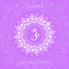 Vector illustration with symbol chakra Sahasrara on ornamental background.