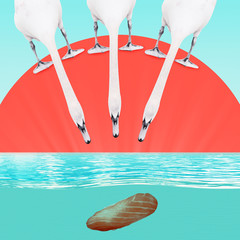 Modern art collage. White birds standing on red sun disc like one on the japanese flag and looking...