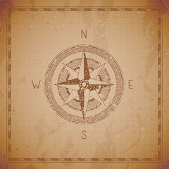 Vector illustration with a vintage compass or wind rose and frame on grunge background. With basic directions North, Eas