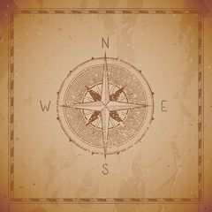 Fototapeta premium Vector illustration with a vintage compass or wind rose and frame on grunge background. With basic directions North, Eas