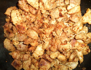 hot fried meat in a frying pan