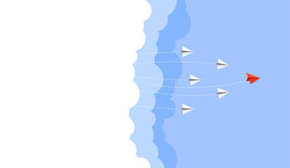 Business concept. Red paper leader airplane flying on blue sky of business teamwork and one different vision. Leader, New idea, boss, manager, winner concept, trend. Vector illustration
