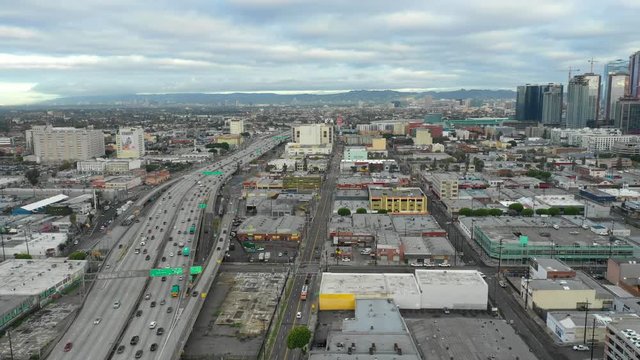 Aerial Downtown LA Fashion District and highway I10