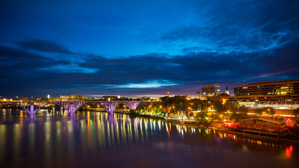 Downtown Knoxville, TN, by riverfront after sunset