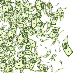 Indian rupee notes falling. Messy INR bills on whi