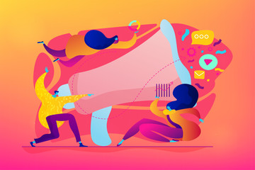 Marketing team metrics, marketing team lead and responsibilities concept. Vector isolated concept illustration with tiny people and floral elements. Hero image for website.