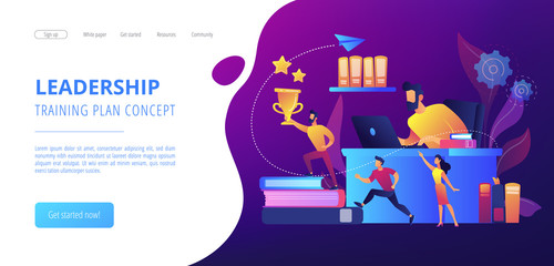 Businessman at laptop and leader runs up on books with trophy and his team. Business leadership, managing skills, leadership training plan concept. Website vibrant violet landing web page template.