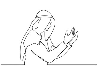 continuous line drawing with silhouette design a man raises his hand and prayer. can for mubarak Ramadan greeting cards, ramadan kareem, invitations to the Muslim community. in single line style