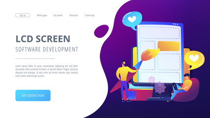 People drawing web page elements on the smartphone and LCD screen. Front end development it concept. Software development process. Violet palette. Website landing web page template.