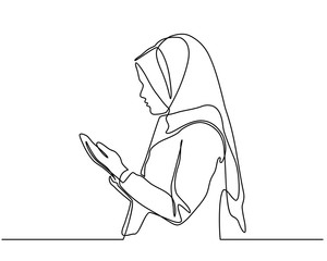 continuous line drawing with silhouette design a woman raises his hand and prayer. can for mubarak Ramadan greeting cards, ramadan kareem, invitations to the Muslim community. in single line style