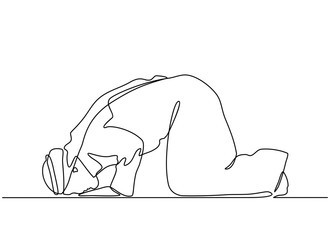 continuous line drawing of silhouette design of a man prostrating in (salah). can for mubarak Ramadan greeting cards, ramadan kareem, invitations to the Muslim community. in single line style