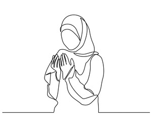 continuous line drawing with silhouette design a woman raises his hand and prayer. can for mubarak Ramadan greeting cards, ramadan kareem, invitations to the Muslim community. in single line style