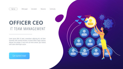People building career pyramid with chief executive officer CEO on the top. Highest ranking manager, managing director in the IT company. IT team management concept. Website landing web page template.